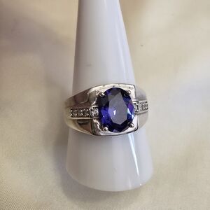 Simulated Tanzanite, Simulated White Diamond Silvertone Men's Ring Size 10